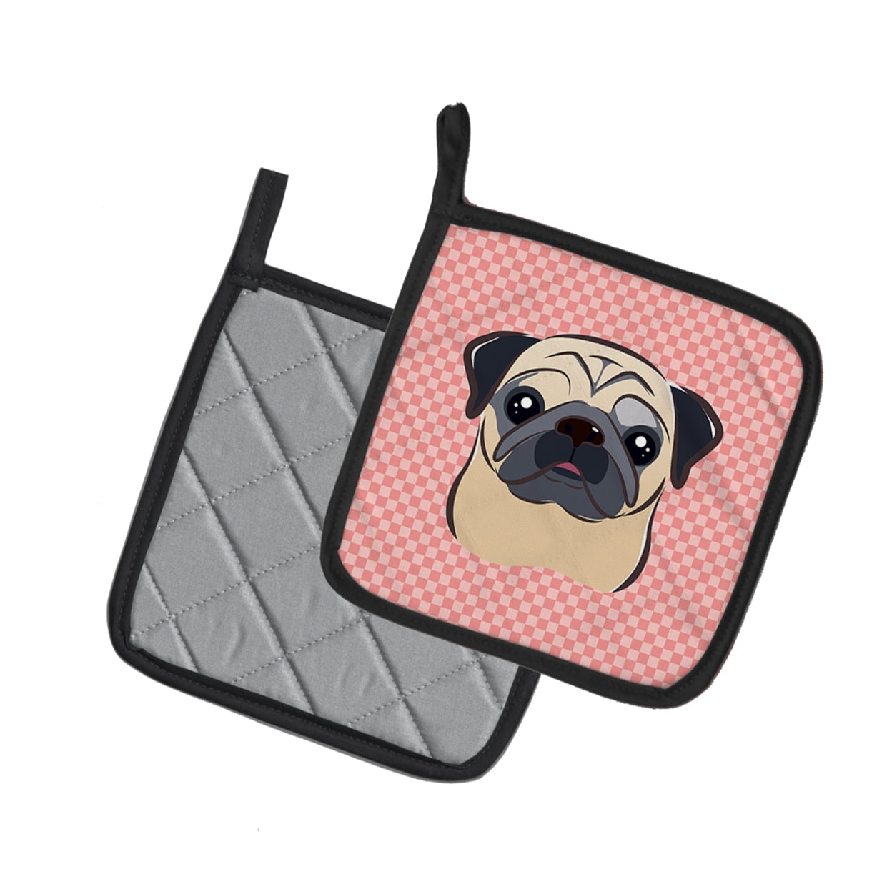 Carolines Treasures BB1262PTHD Checkerboard Pink Fawn Pug Pair of Pot Holders , 7.5HX7.5W, multicolor