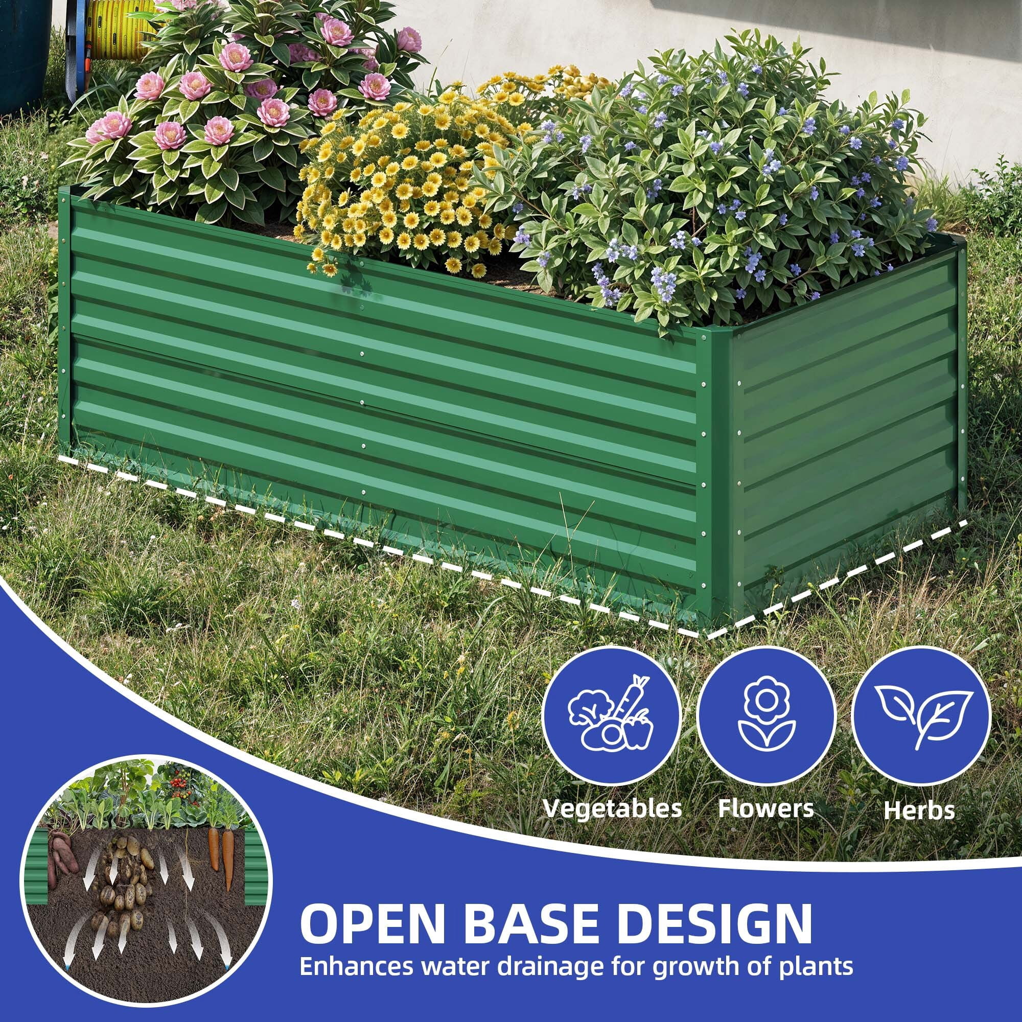 Uforic 6X3X2FT 1 Pack Galvanized Metal Raised Garden Bed Kit with Gardening Gloves & Support Rod, Outdoor Above Ground Planter Box for Plants Vegetables Flowers, Green
