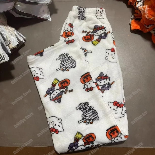 2024 Anime Sanrio Hello Kitty Pijamas Negro Franela Mujeres Kawaii Lana Blanco Dibujos Animados Casual Pantalones de Casa Otoño Moda Pantalones