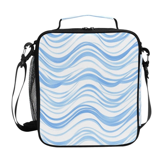Blue Wavy Line Pastel Colored Insulated Lunch Bag Reusable Lunch Box Lunch Container with Straps