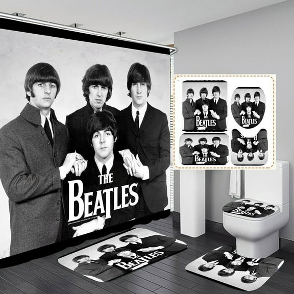 Bathroom 4 Pieces Set Toilet Lid Cover and Bath Mat, Non-Slip Rugs, Beatles Shower Curtain Durable and Waterproof, for Bathroom Decor Set, 72" x 72"