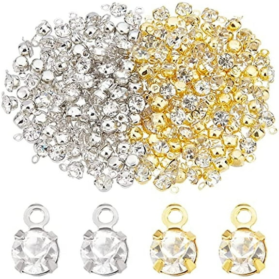 200Pcs 2 Colors Brass Rhinestone Charms Flat Round Brass Crystal Clear Charms Platinum Golden Cubic Zirconia Pendants