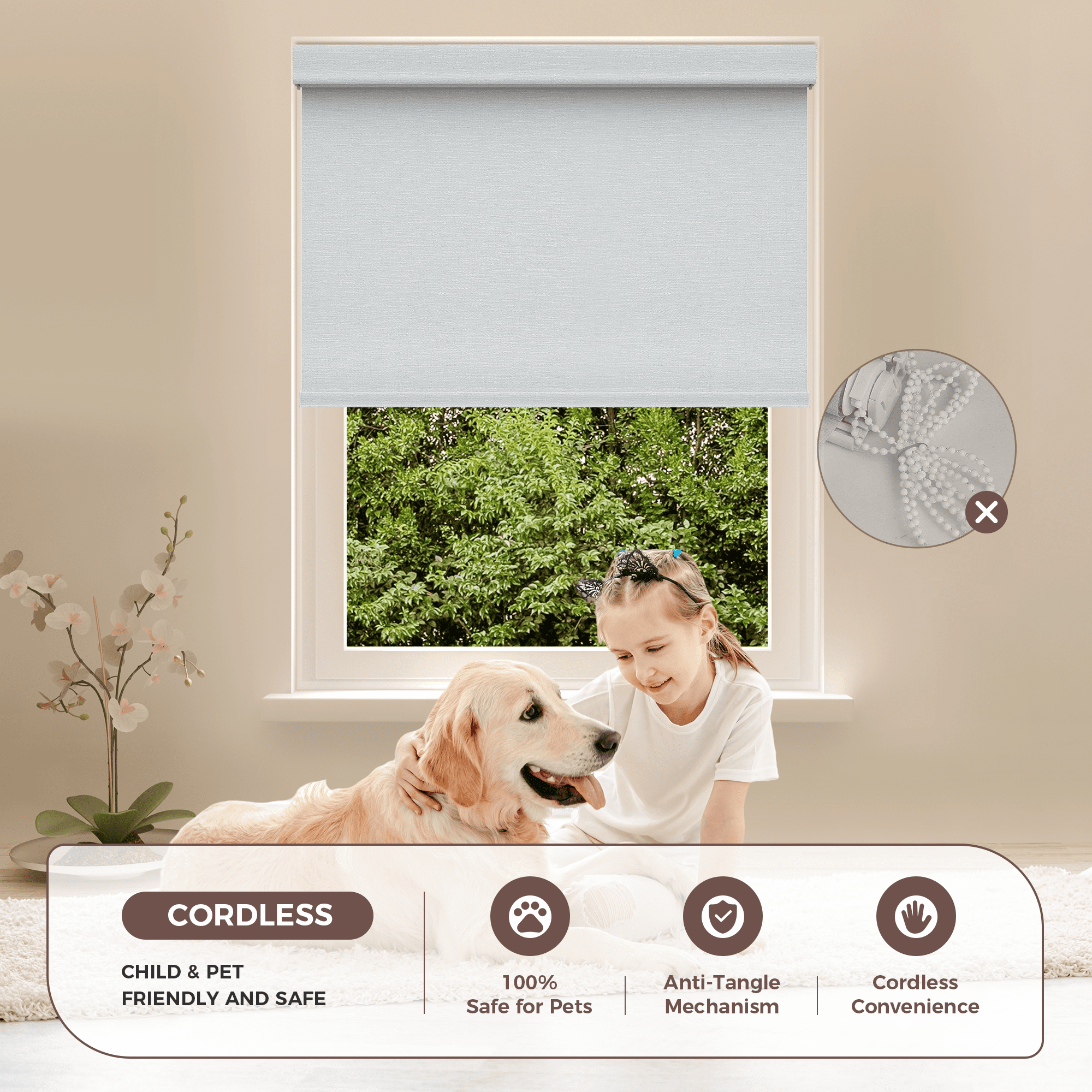 Allesin zen No Drill No Tools Blackout Roller Shades for Windows, 100% Blackout Linen Fabric,( White,35x48)