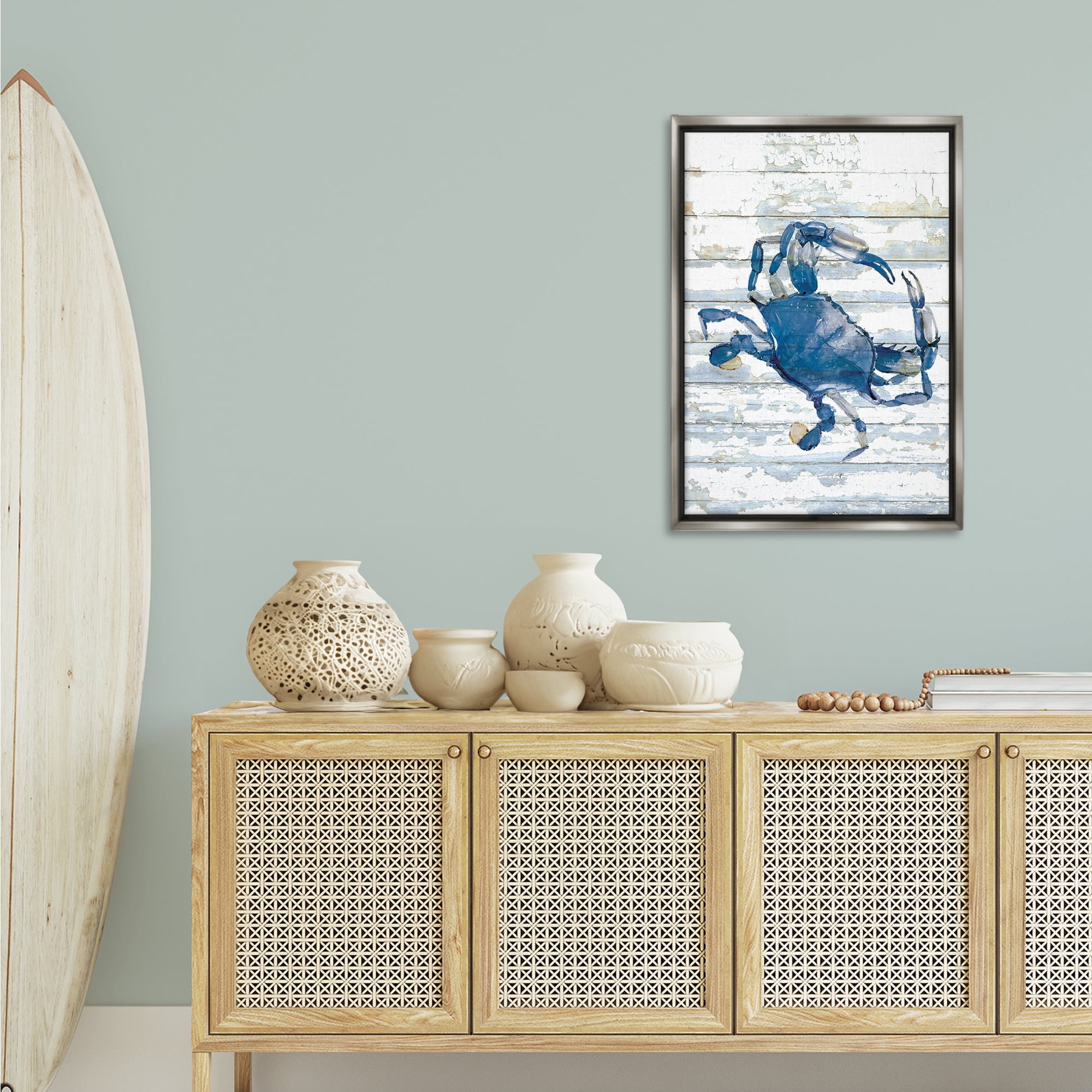 Stupell Industries Distressed Blue Ocean Crab Animals Painting Gray Floater Framed Canvas Art Print Wall Art, 21 x 31
