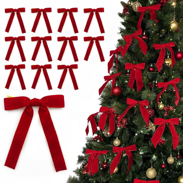 Adornos navideños - Lazos navideños - 12 lazos de terciopelo rojo medianos de 18 x 15 cm para árbol de Navidad - Adornos de cinta navideña burdeos - Decoración del hogar para guirnaldas, envoltura de