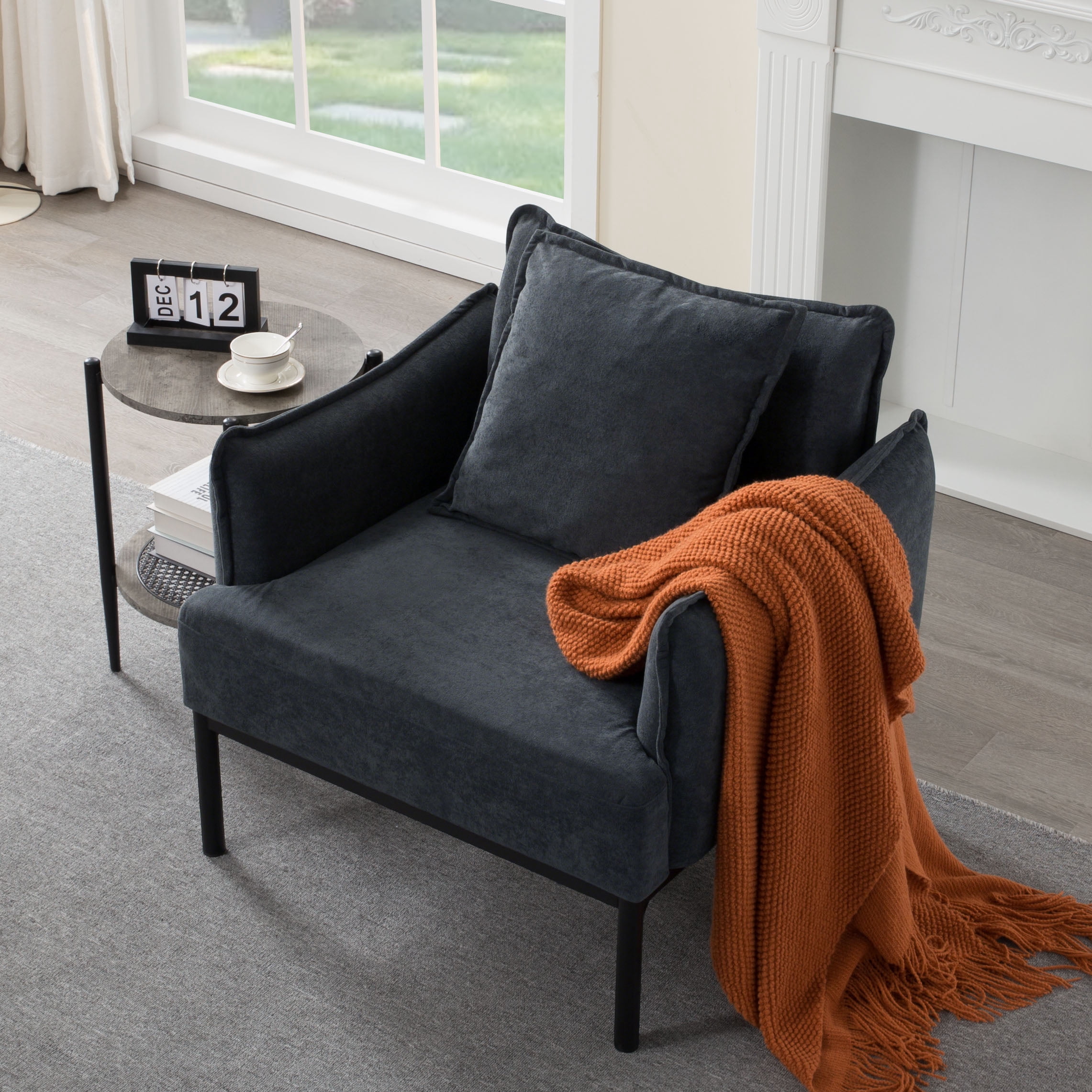 BSHTI 32.48" Modern Accent Chair with Curved Armrest, Upholstered Living Room Chair with Pillow, Solid Wood Frame & Metal Base, Non-Slip, Easy Assembly, Dark Grey