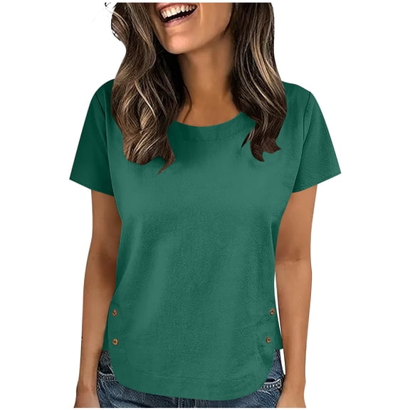 Olyvenn Women Cotton Linen Crew Neck Short Sleeve Tunic, Side Slit Buttons Tee Shirts Tops Loose Fit, Linen Blouse for Women Army Green M