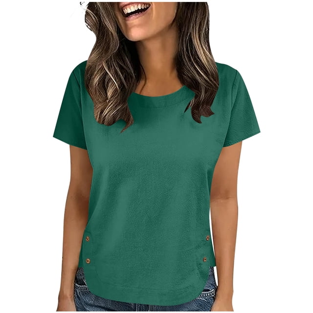 Camisas de Cuello de la Tripulación de Manga Corta para las Mujeres de la Moda de Color Sólido Arrugado Suéter Superior