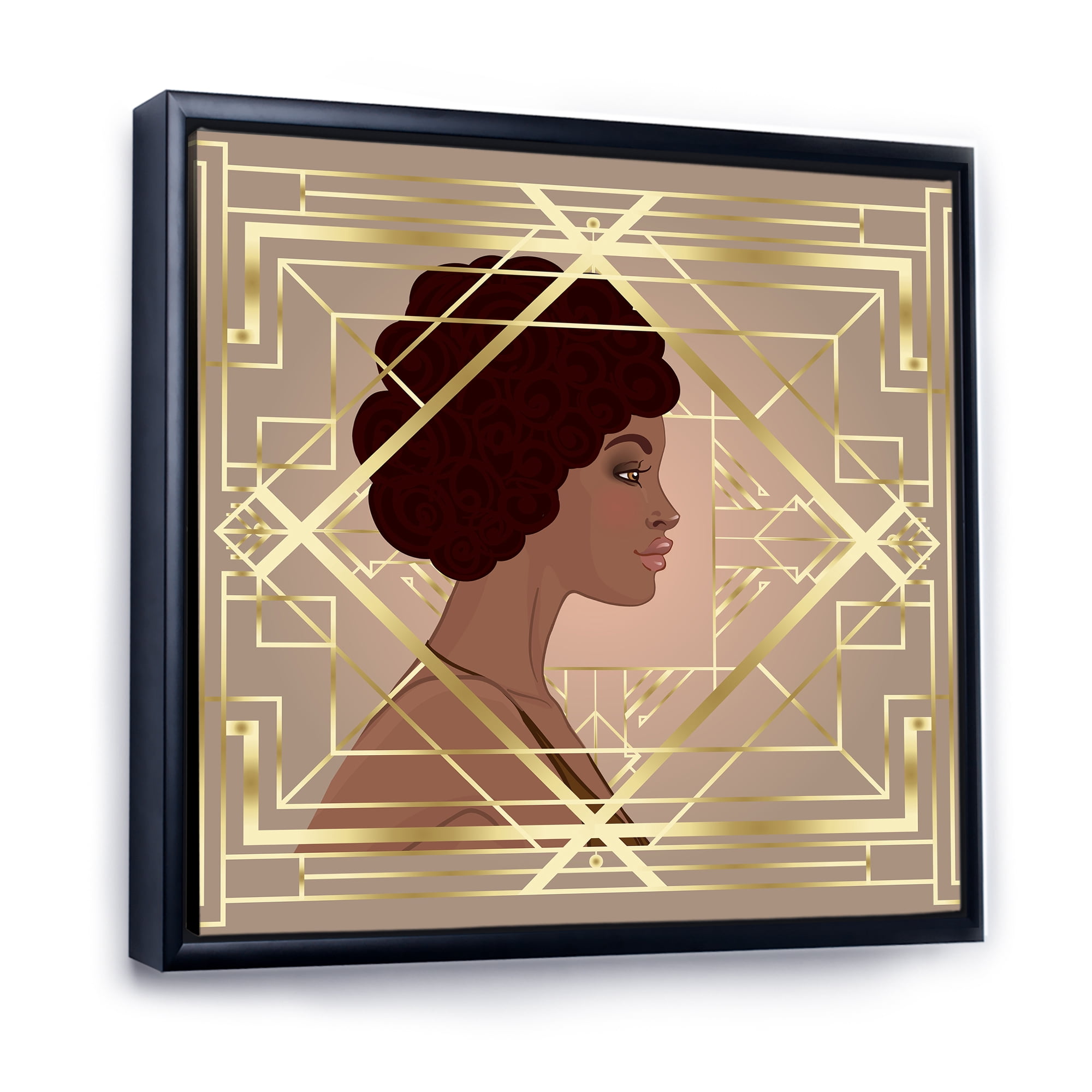 Designart 'Retro Girl In Golden Art Deco Geometrics II' Modern Framed Canvas Wall Art Print