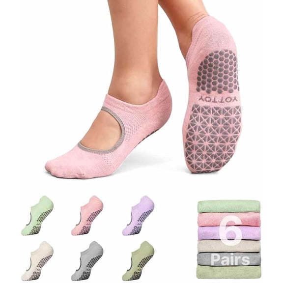 YOTTOY Pilates Socks for Women(6 Pairs)–Breathable, Grip-Enhanced Non-Slip Yoga Socks, Durable & Perfect for Home Workouts