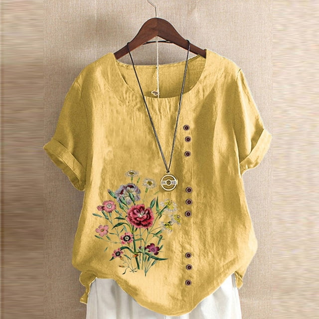 Aqestyerly T-Shirt d'Été à Manches Courtes pour Femme, Décontracté, à Imprimé Floral, Coupe Ample, Col Rond, Blouse Confortable, Haut Léger pour Tous les Jours HWRETIE