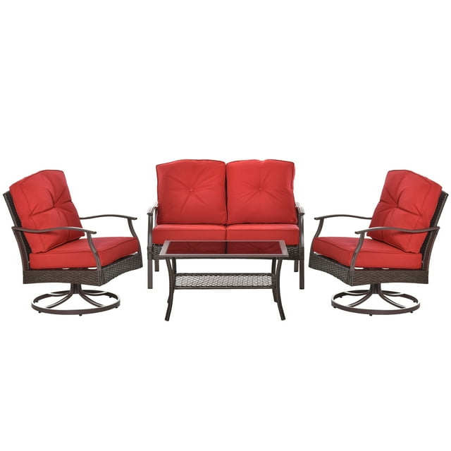 Outsunny Ensemble de Mobilier de Patio en Rotin 4 Pcs avec Coussins, Dessus de Table en Verre Rouge