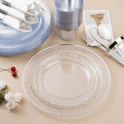 Goodluck Disposable Dinnerware Set for 50 Guests, 350PCS Clear Plastic Plates with Silver Trim, Silver Cutlery, Cups & Napkins for Parties