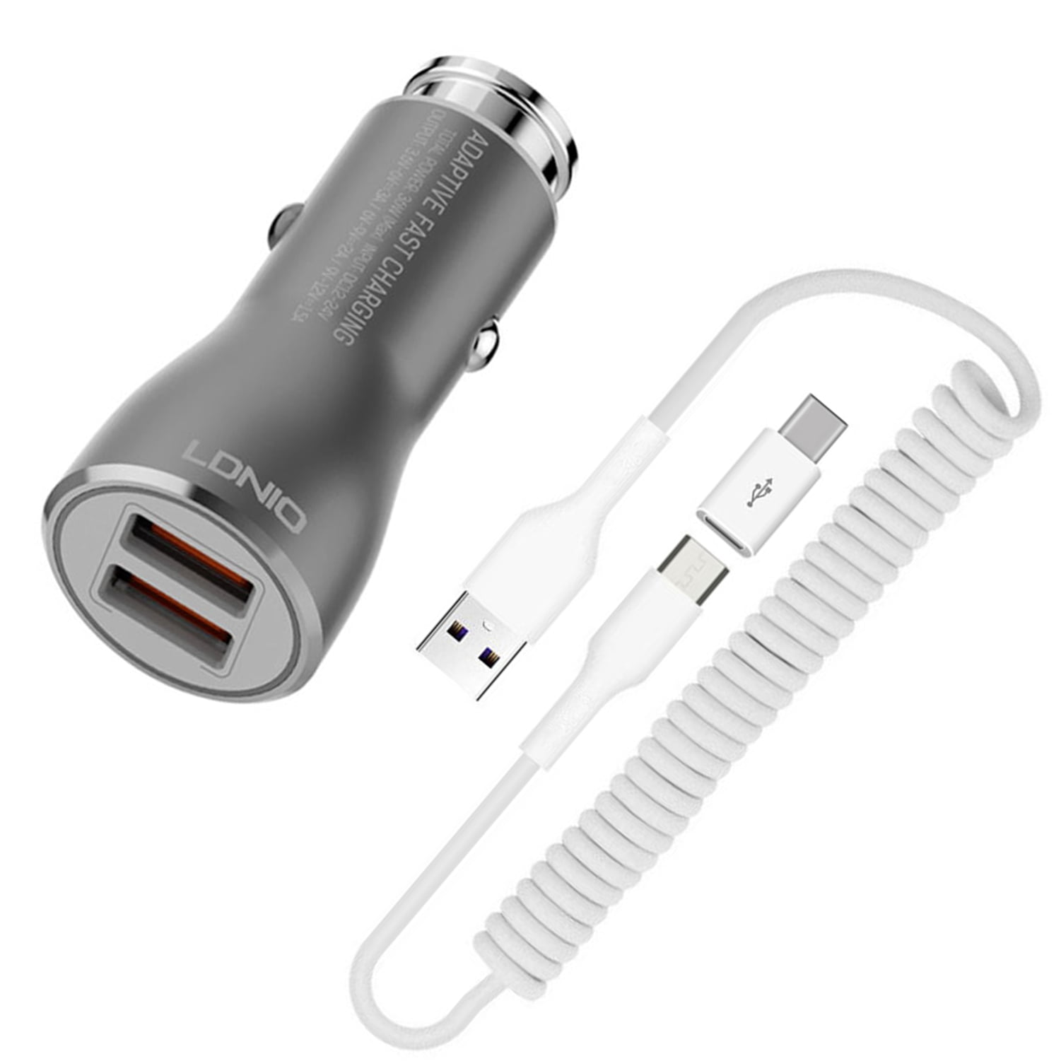 Car Charger for Samsung Galaxy S24/Ultra/Plus Phone - 36W Fast 2-Port USB Coiled Cable Type-C Quick Charge DC Socket for Galaxy S24/Ultra/Plus