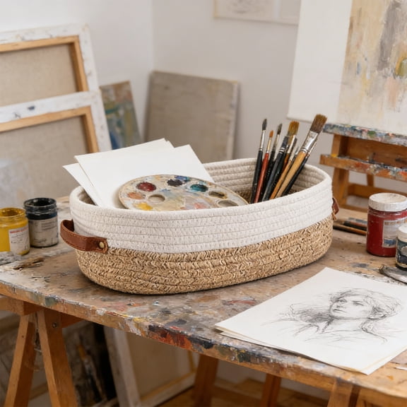Eespoir Weaving Storage Basket, Natural Fiber Decorative Basket, Toilet Tank Top Organizer, for Bathroom, Table, Counter, Remote Control, Magazines, Tidying(A)