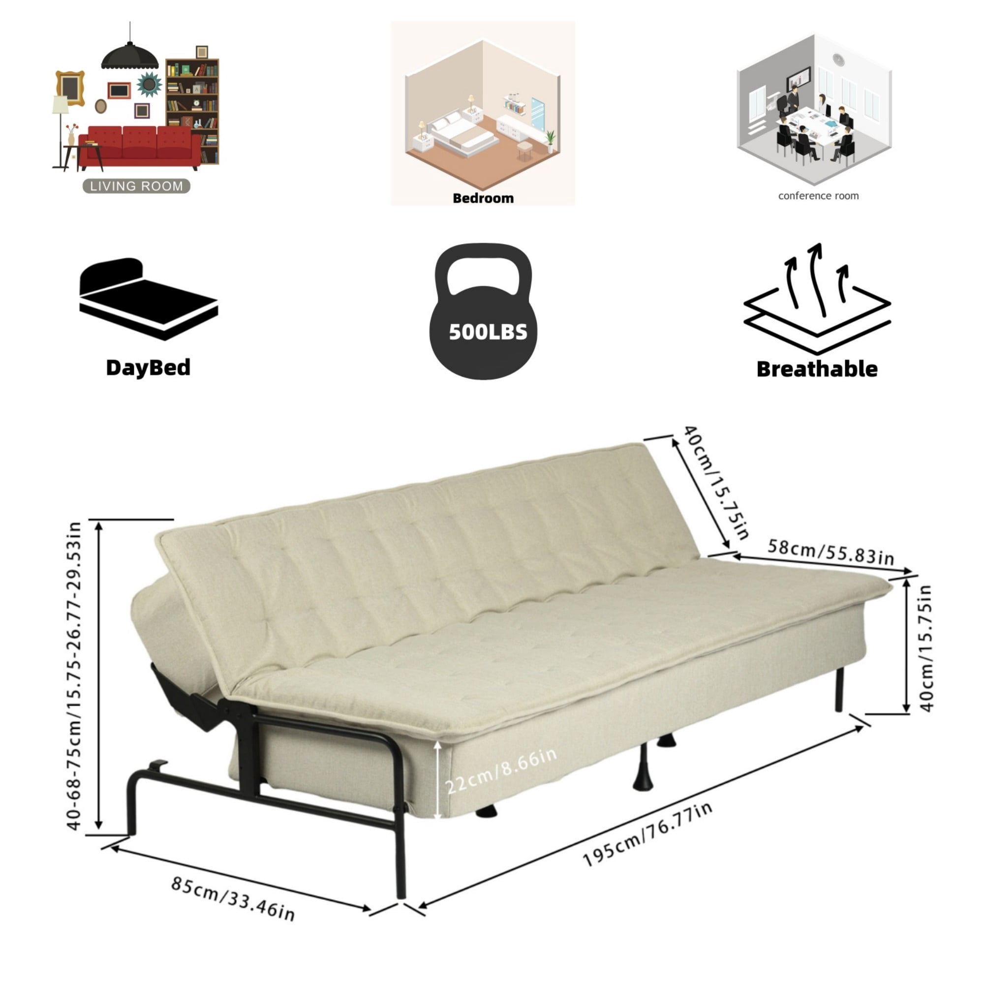 BSHTI 76" Linen Futon Sofa Bed – 3 Adjustable Backrest Angles, Convertible Couch, Metal Frame with Anti-Slip Feet, Space-Saving for Apartment Living Room Small Space，Beige