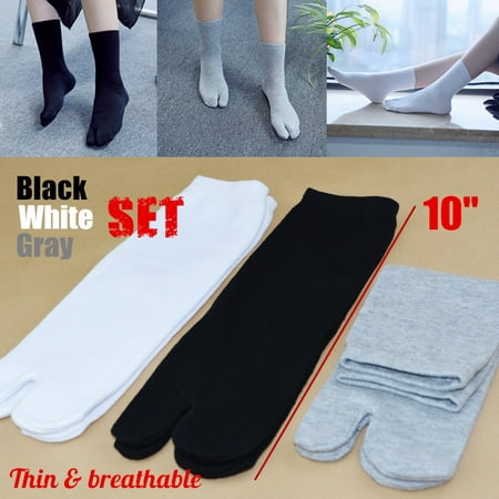 3Pairs Unisex Breathable Split Toe Socks Japanese Kimono Flip Flop Sandal Tabi Ninja Geta Socks (Black+White+Grey SET