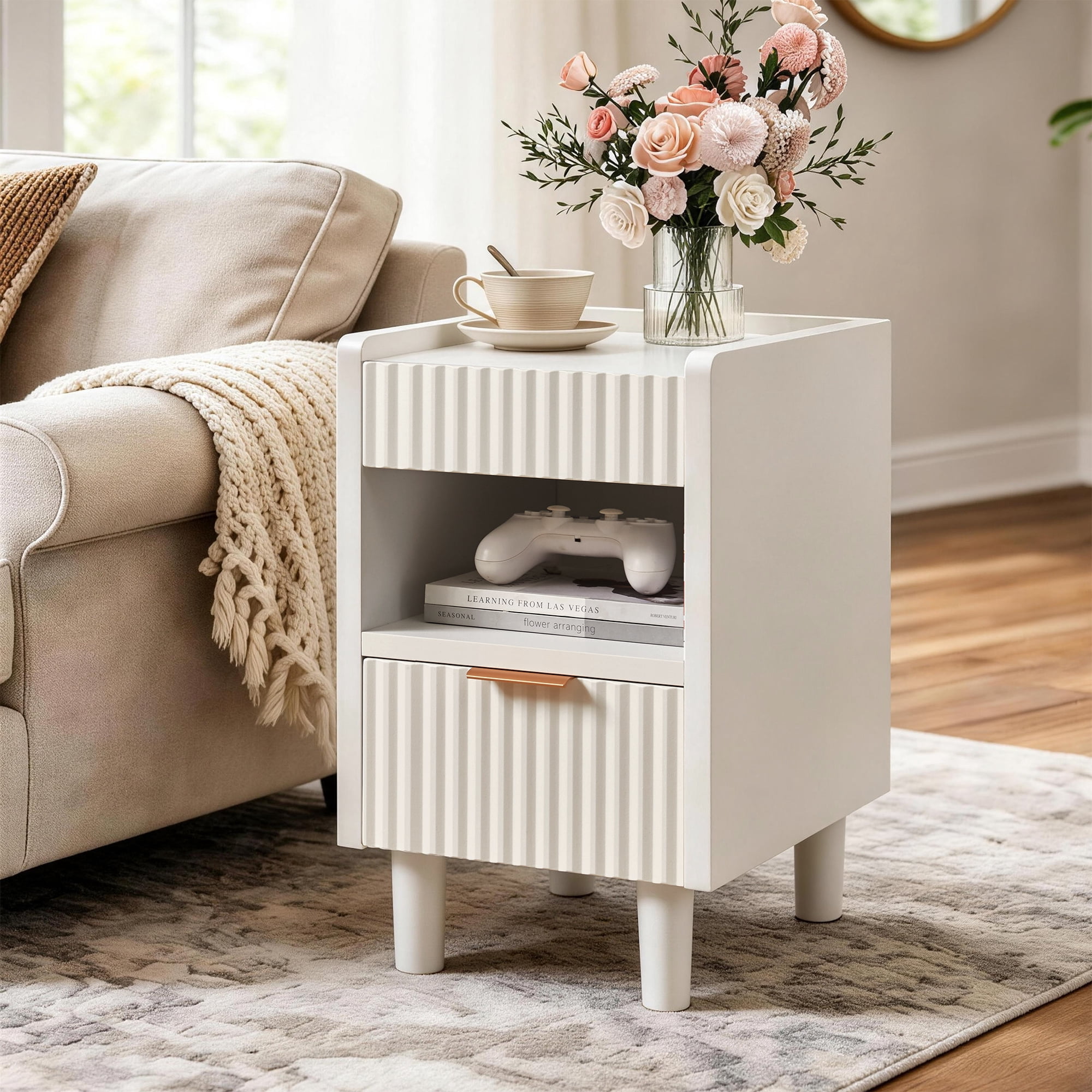 White Fluted Wood Nightstands with Drawer and Open Storage, 2 Pack Modern Bedroom Bedside Side End Tables for Living Room Home Decor