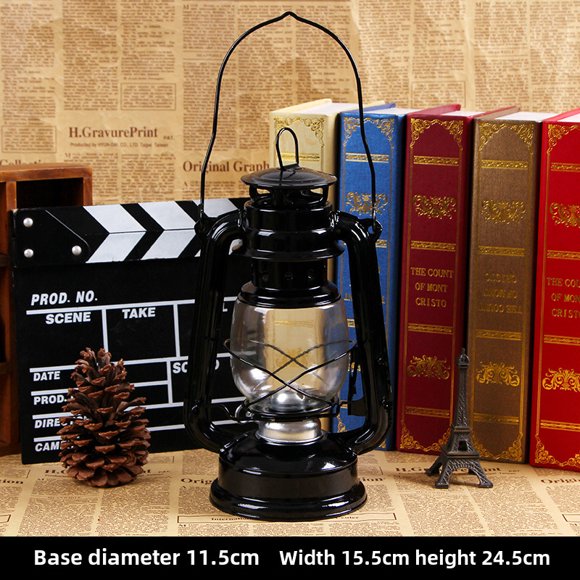 Antique-Inspired Iron Glass Kerosene Lantern: Portable Handheld Vintage Decor for Outdoor Camping, Home Decoration & Theatrical Props – Durable Nostalgic Ornament with Protective Shade (Black)