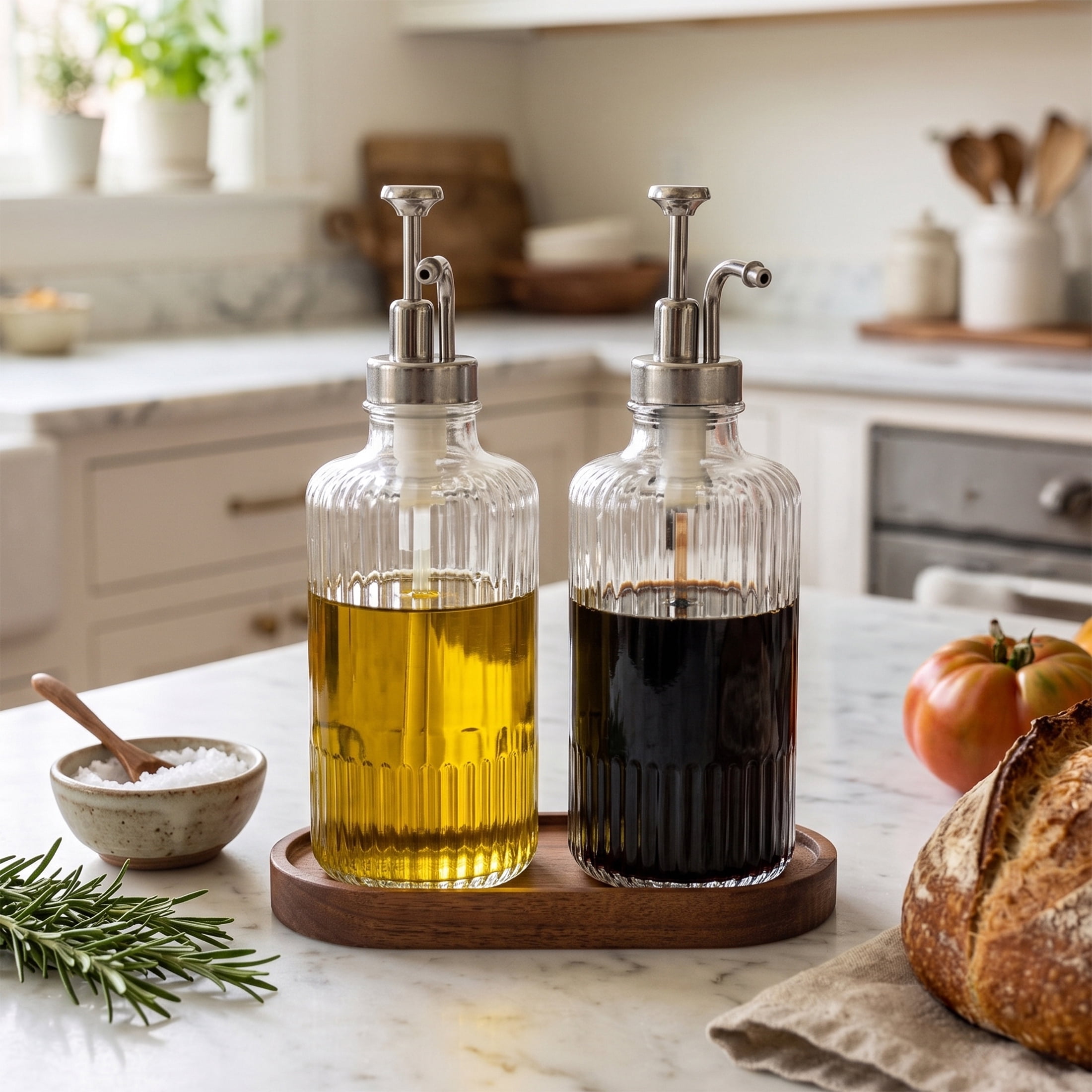 Cook with Color Ribbed Glass Syrup Dispenser Set with Wooden Base, 2-Pack