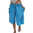 thumbnail image 3 of Women's Loose Fit Wide Leg Pants Summer Cotton Linen Casual Five Quarter Pants Elastic Waist with Drawstring Trouses by Yigetop Sky Blue 3XL, 3 of 5