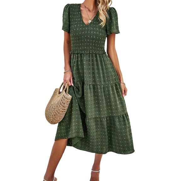 Women Sundress Summer Floral Short Sleeve Wrap V Neck A-Line Midi Dress Green S