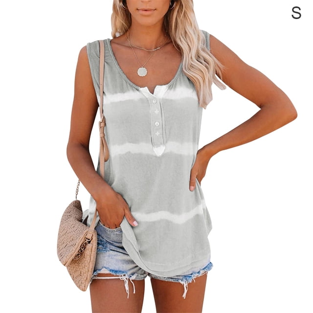 Camiseta sin mangas estampada sin mangas con estampado tie-dye para mujer, gris claro, S Sweethay AP002428-09