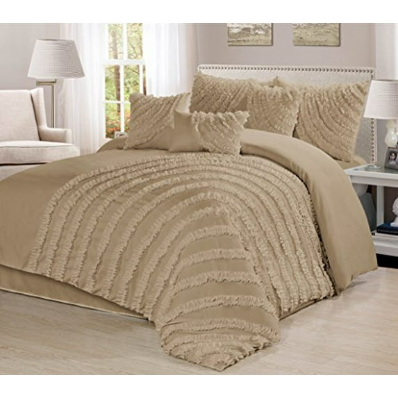 7 Piece Hillary Bed in a Bag Ruffled Clearance bedding Comforter Set Fade Resistant, Wrinkle Free, No Ironing Necessary, Super Soft, All Sizes- Queen King Cal.KingSize (Cal.King, Taupe)