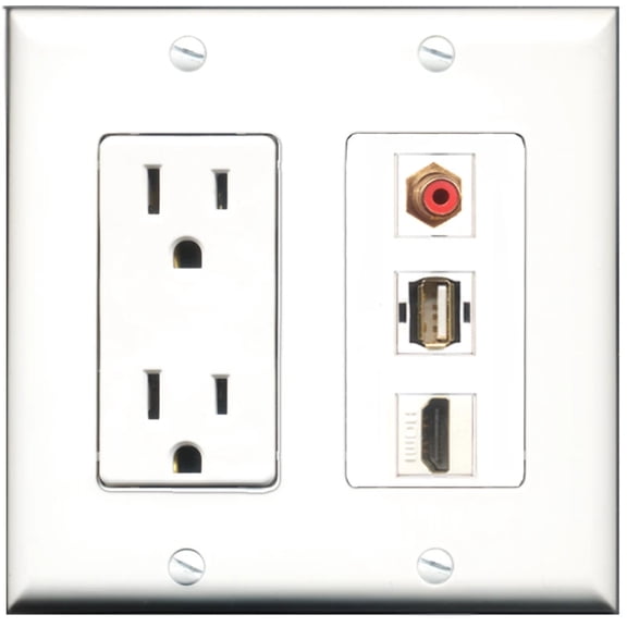 Ultra Spec Cables 15 Amp Power Outlet 1 Port HDMI 1 Port RCA Red 1 Port USB A-A Wall Plate