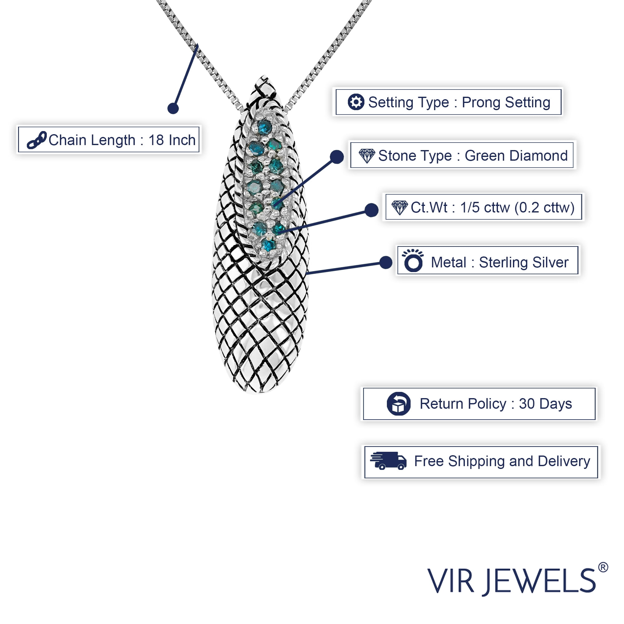 Vir Jewels 1/5 CTTW Green Diamond Pendant Necklace for Women in Sterling Silver Stick Antique