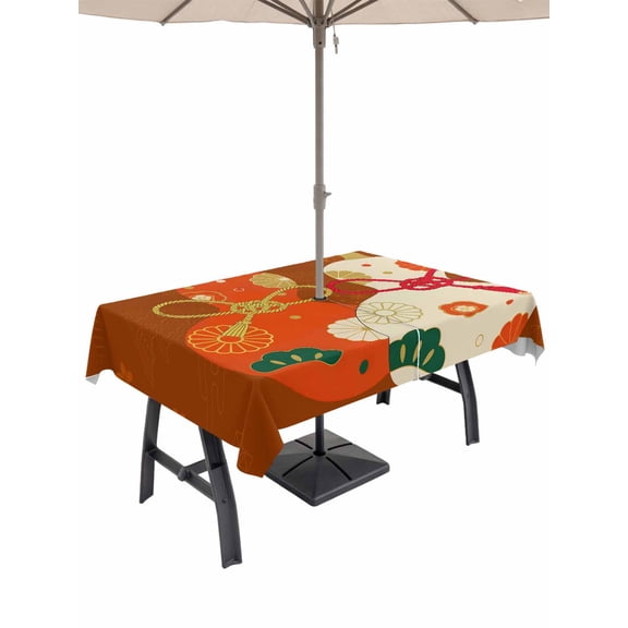 Outdoor Tablecloth with Umbrella Hole for Patio/Picnic/Party/Camping, Red Gourd Waterproof Table Cloth Rectangle Table Cover Washable, Floral Modern Art Red Beige (52"x 70")