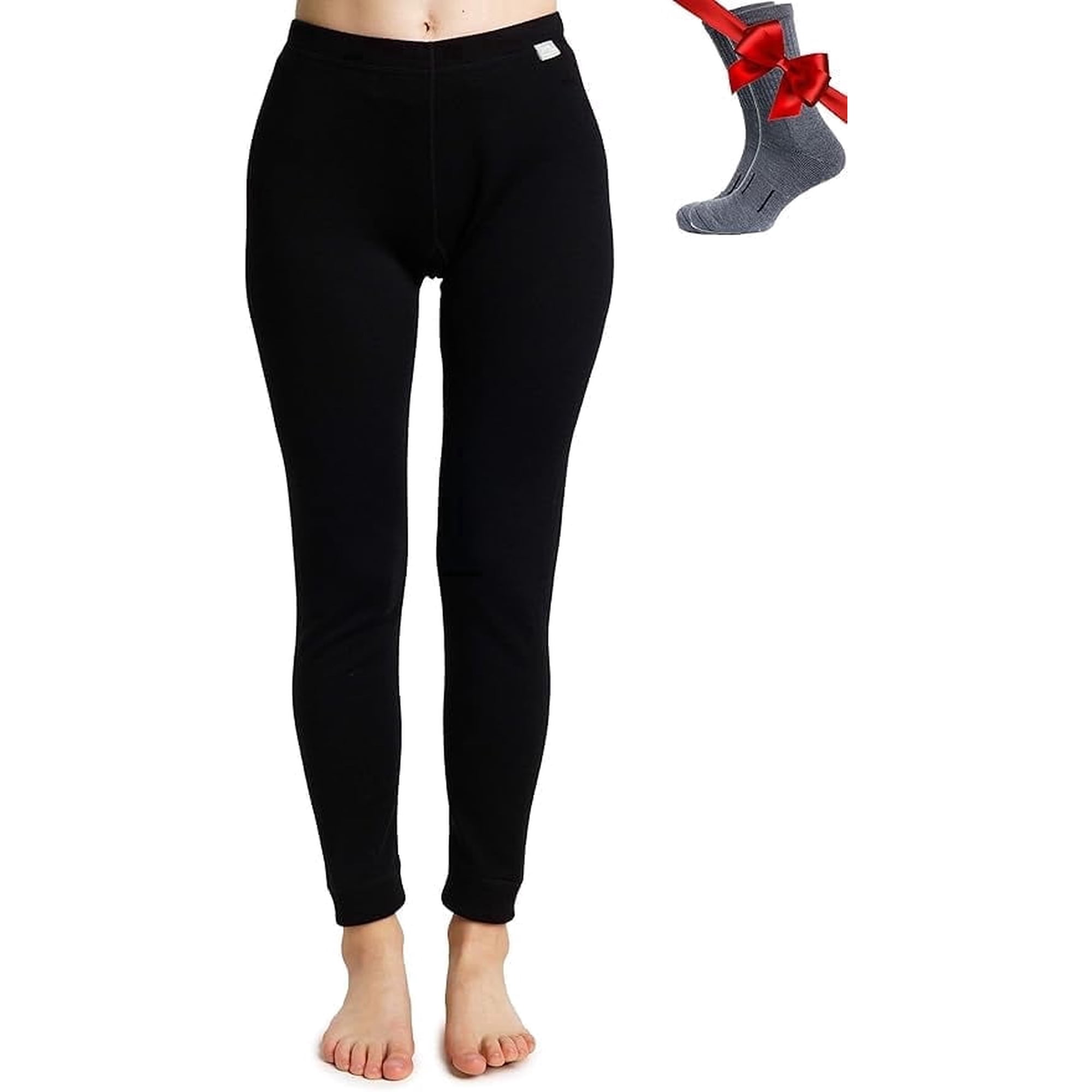 Merino.tech Women's Merino Wool Base Layer Leggings with Socks, Black, Size S