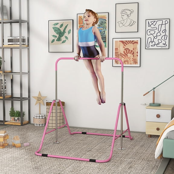 Qaba Folding Gymnastics Bar for Kids, Small Gymnast Bar, Easily Adjustable Height, Kids Gymnastics Equipment for Home, Bubble Gum Pink