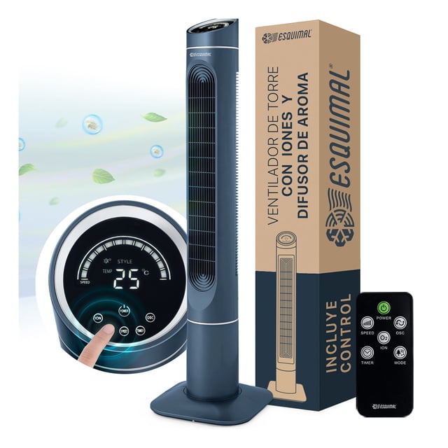 Ventilador de Torre 128 cm ESQUIMAL con Ionizador, Purificador de Aire con caja de Aromas, Panel Táctil LED, Oscilación 90°, Temporizador 7.5 h, Color Azul.