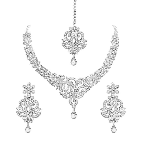 Parshwa Creations Indian Women's Silver Plated Bollywood Fashion Jewelry Choker Set, Rhinestone Stud Prom Party Accessories Wedding Bride Earrings Necklace Set,Gift For Her Jewelry
