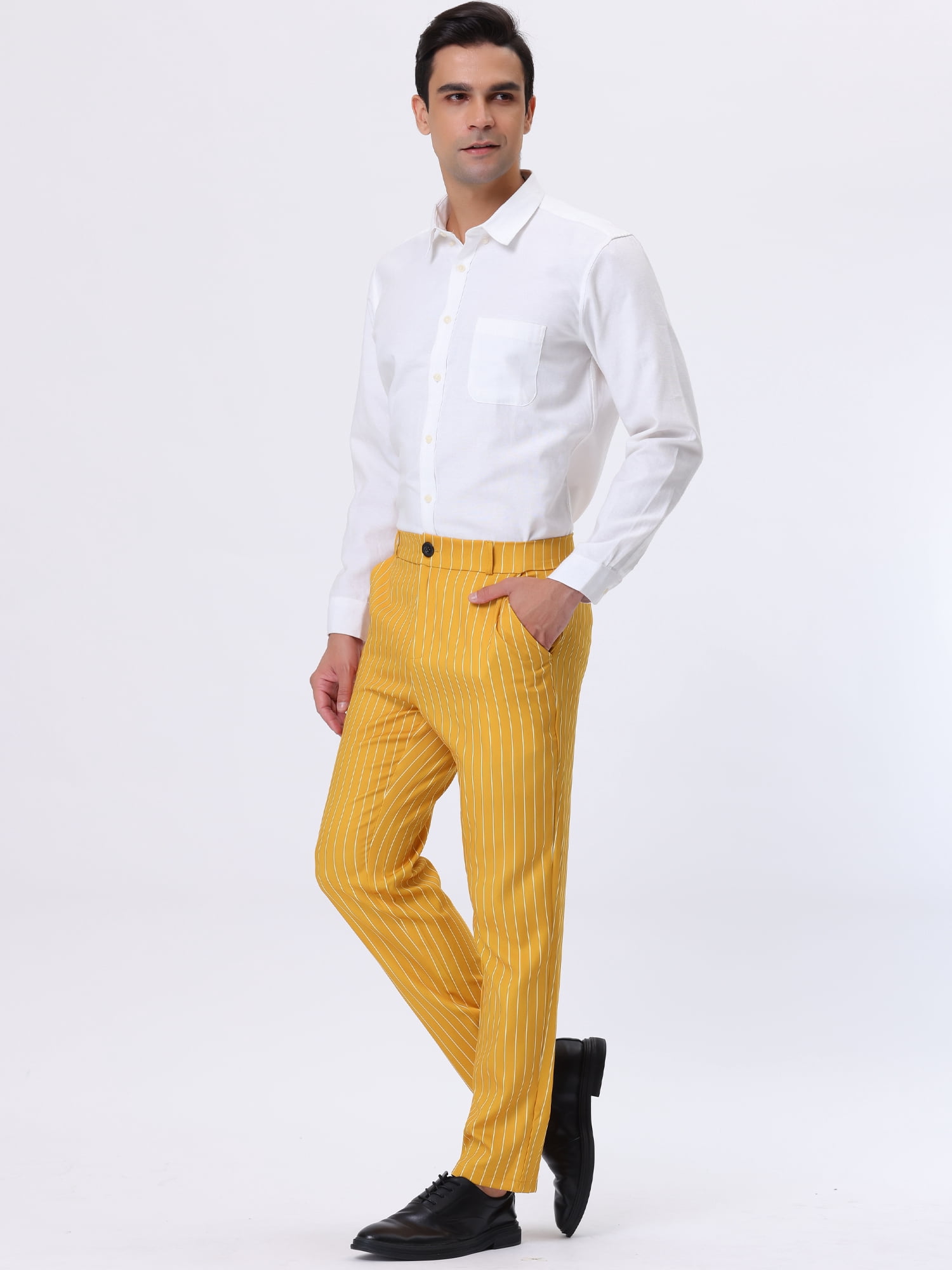 Unique Bargains Men's Striped Dress Pants Straight Fit Color Block Office Suit Trousers 30 Yellow White