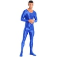 thumbnail image 3 of YIZYIF Mens Shiny One Piece Sports Bodysuit Full Body Workout Tights Long Sleeve Elastic Jumpsuit Blue XL, 3 of 7
