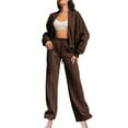 thumbnail image 3 of Dazajoo Lounge Sets for Women 2 Piece Joggers Solid Color Long Sleeve Zip Up Jacket with Wide Leg Drawstring Sweatpants Tracksuits,Coffee,M, 3 of 8