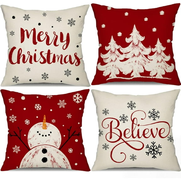Red Christmas Pillow Covers 18x18 Set of 4 for Christmas Decorations Merry Christmas Tree Believe Snowflake Winter Holiday Decor Throw Cushion Case for Home Couch