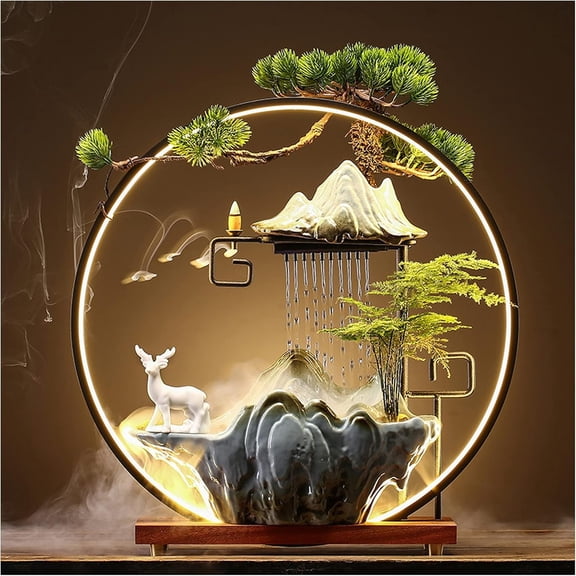 Tabletop Buddha Water Fountains Indoor Water Fall with LED Light Zen Decor for Meditation with Mist Japanese Decor with Plants Feng Shui Decor for Good Luck Wealth