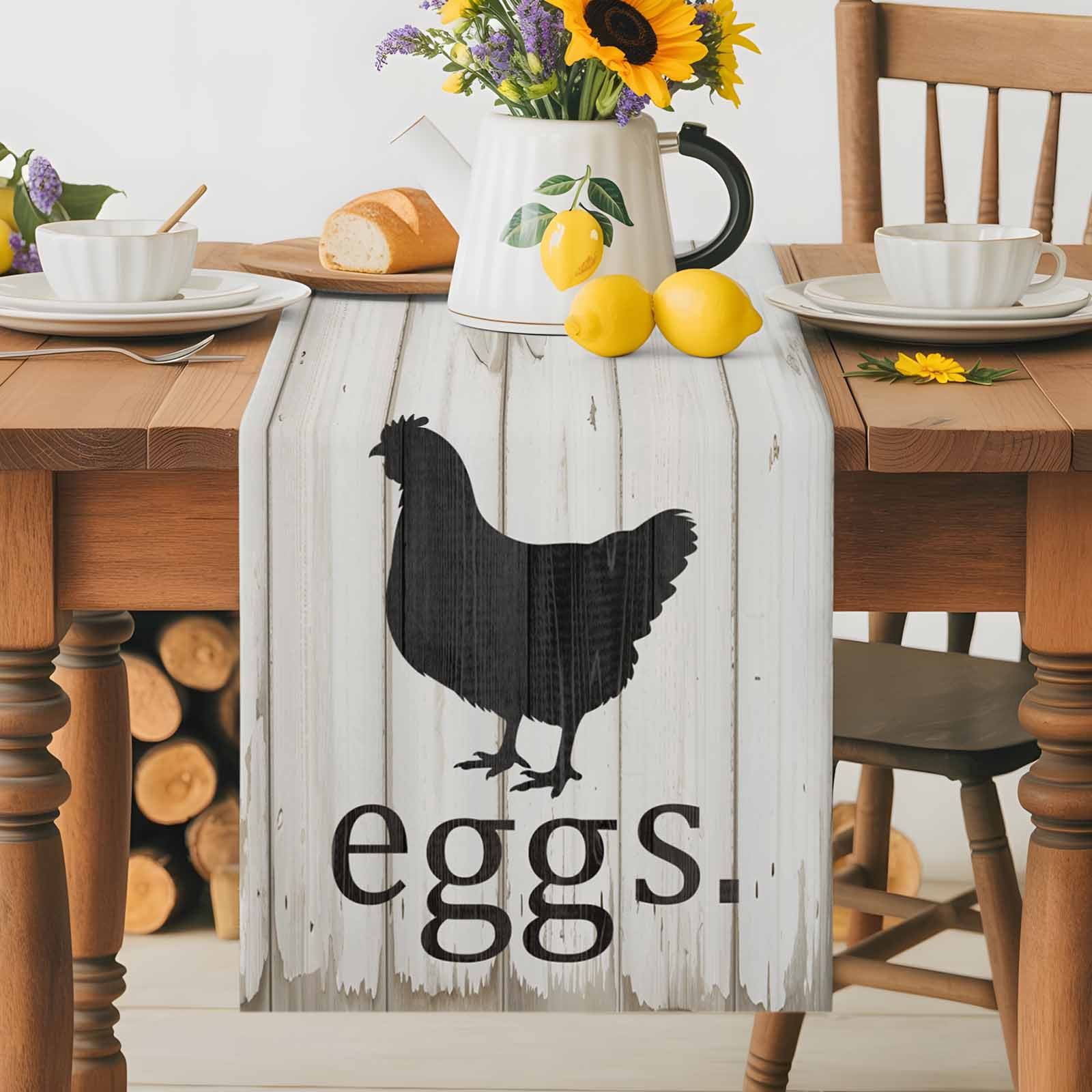 Farmhouse Abstract Chicken Eggs Table Runner 90 Inches Long, Vintage Wood Grain Table Runners Tabletop Scarf Kitchen Dining Tables Decoration for Home Party Indoor Outdoor
