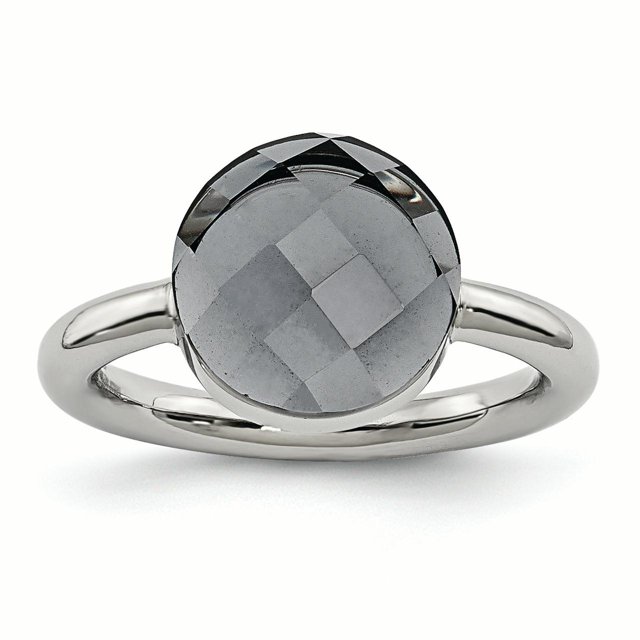 Stainless Steel Polished Grey Glass Ring Size 5