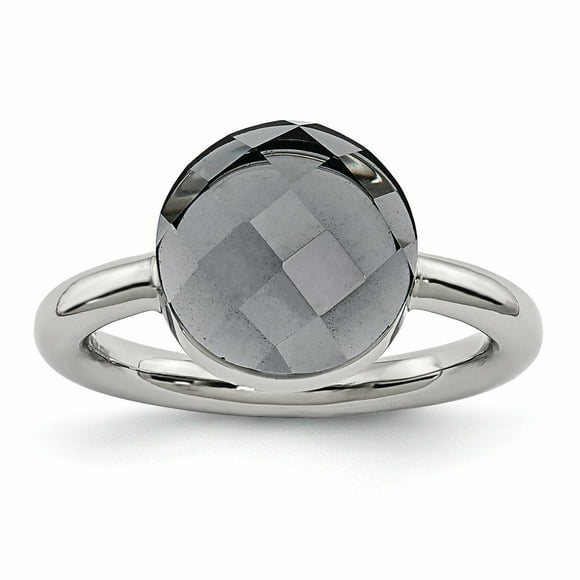 Stainless Steel Polished Grey Glass Ring Size 5