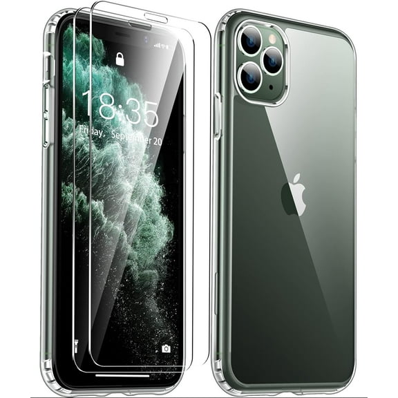 Heavy Duty Clear Phone Case Designed for Apple iPhone 11 Pro Max Transparent Case with 2 Tempered Glass Screen Protector, Shockproof Dropproof Slim Clear Case for Apple iPhone 11 Pro Max