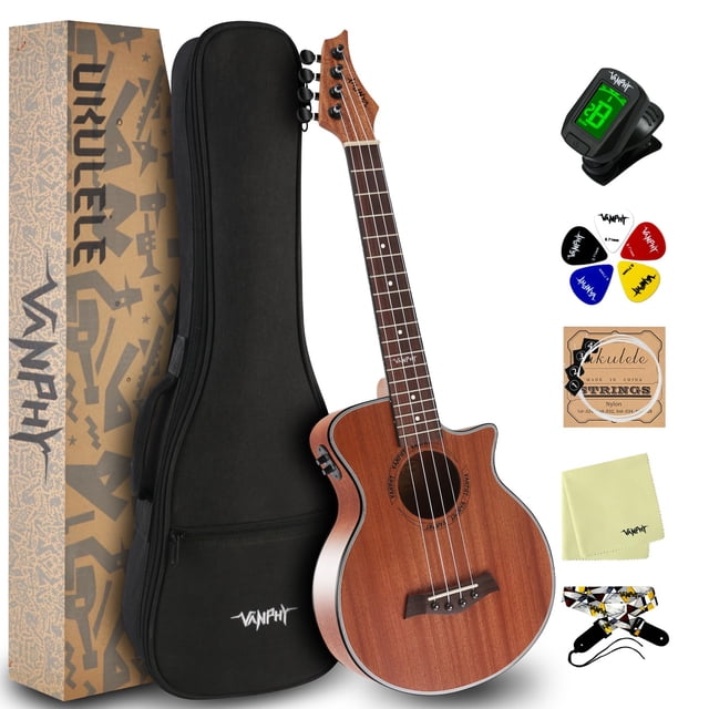 Electric Ukelele Concert Ukulele Acoustic Electric Uke with Equalizer 23 Inch Ukulele for Adults Beginner with Starter Ukele Kit Include Electric Ukulele Case Tuner Strap String Picks Clean Cloth