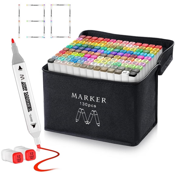 Banral 130 Colors Alcohol Markers Set with Case ,Dual Tip Point,130 Count