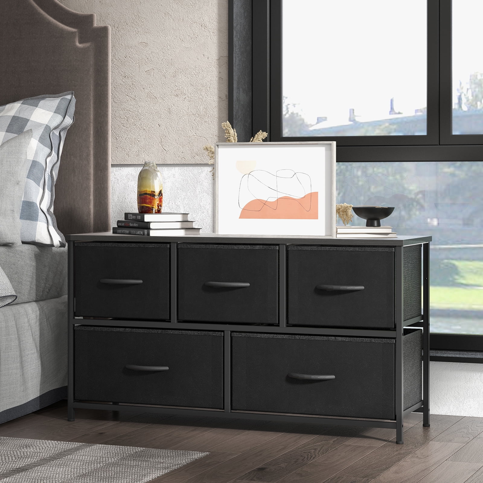 Aukfa 5 Drawer Dresser,Wide Chest of Drawers for Bedroom with Metal Frame for TV,Black