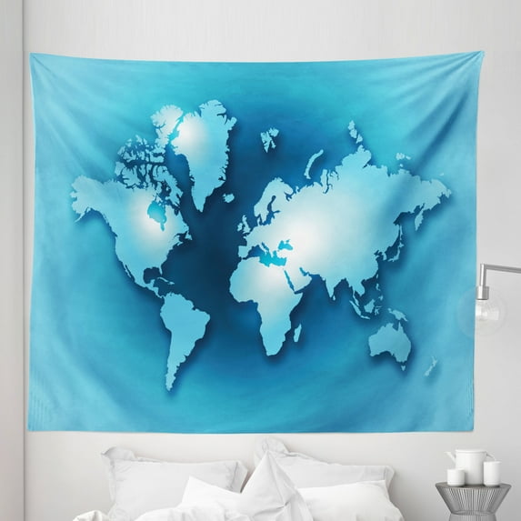 Map Tapestry, Digital Style Illustration of World Outline Continents in Aqua Color Palette, Fabric Wall Hanging Decor for Bedroom Living Room Dorm, 5 Sizes, Sea Blue Turquoise, by Ambesonne