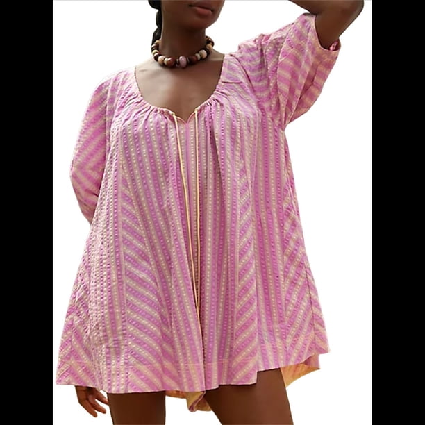 Mono de Rayas Extragrande para Mujer, Vestido Corto, Mono, Ropa de Playa para Vacaciones con Bolsillos. Rosa L