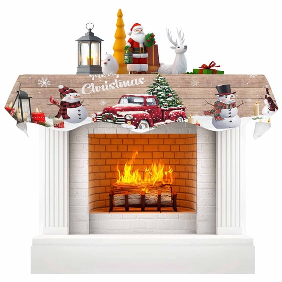 Red Truck Christmas Fireplace Mantle Scarf, Xmas Tree Snowflake Gifts Winter Wooden Mantel Cover Table Runner for Home Living Room Door Window, Indoor Outdoor Holiday Party Decor 17" x 70"